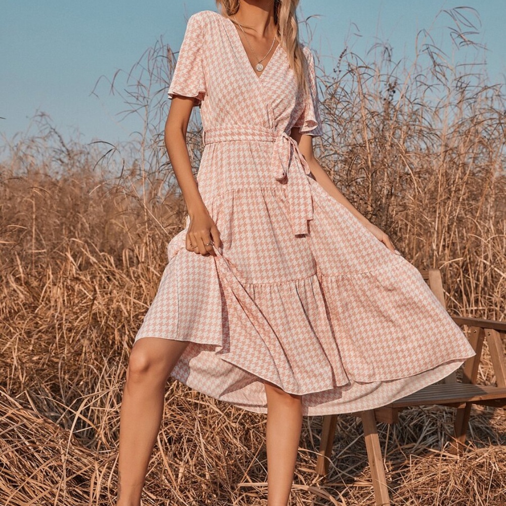 Boho Blush Pink Houndstooth Belted Wrap Dress